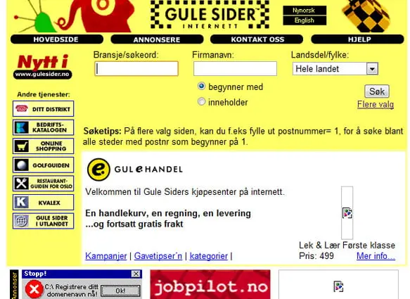 gulesider-2000 Gulesider.no (År 2000) - Gulesider kunne by på et kjøpesenter på internett allerede i år 2000