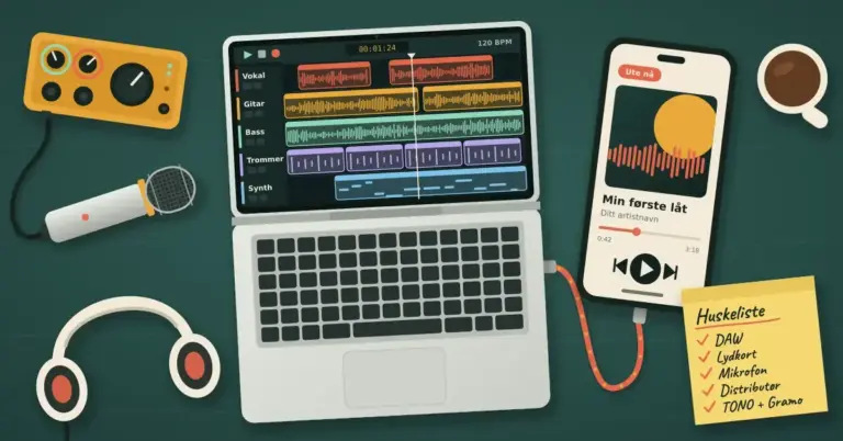 Illustrasjon sett ovenfra av et hjemmestudio på en skrivepult, med en bærbar PC som viser et DAW-prosjekt med sporene Vokal, Gitar, Bass, Trommer og Synth, et lydkort, en mikrofon og hodetelefoner, mens en kabel fører videre til en mobil som spiller den ferdige låten «Min første låt» merket «Ute nå», ved siden av en gul huskelapp med DAW, Lydkort, Mikrofon, Distributør og TONO + Gramo krysset av.