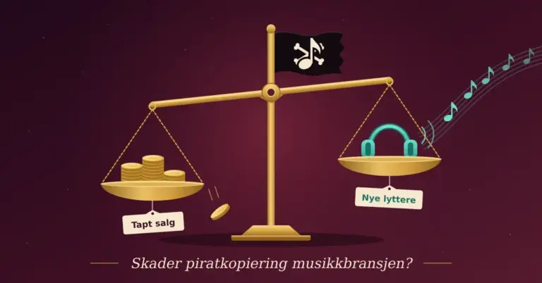 Illustrasjon av en messingvekt under et piratflagg med en musikknote og korslagte knokler, der vektskålen med myntstabler og lappen «Tapt salg» henger litt lavere enn skålen med hodetelefoner og lappen «Nye lyttere», mens noter svever videre ut av bildet og teksten spør «Skader piratkopiering musikkbransjen?».