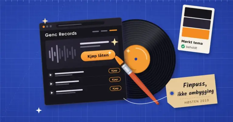 Illustrasjon av et mørkt nettsted for Genc Records formet som et platecover, der en pensel finpusser en ny oransje «Kjøp låten»-knapp mens en vinylplate glir ut bak, med fargeprøver merket «Mørkt tema – beholdt» og en lapp med teksten «Finpuss, ikke ombygging – Høsten 2010» på en blå skjærematte.