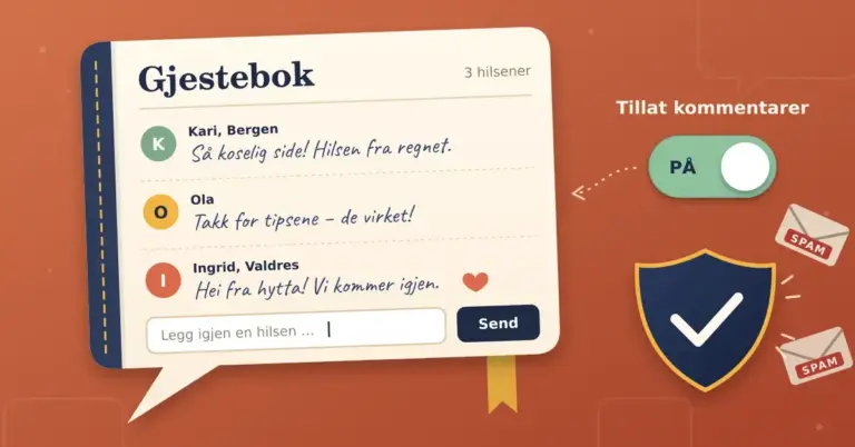 Illustrasjon av en kremhvit snakkeboble innbundet som en bok med tittelen «Gjestebok», med håndskrevne hilsener fra besøkende over et kommentarskjema med knappen «Send», mens en grønn bryter merket «Tillat kommentarer» står på og et marineblått skjold med hake avviser konvolutter merket «SPAM».