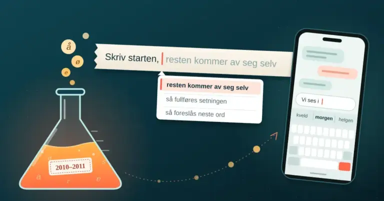 Illustrasjon av en laboratoriekolbe merket «2010–2011» som bobler ut bokstaver til en papirstrimmel med teksten «Skriv starten,» og det grå forslaget «resten kommer av seg selv» over en liste med ordforslag, mens en stiplet sti fører videre til en mobiltelefon som foreslår «kveld», «morgen» og «helgen» etter «Vi ses i».