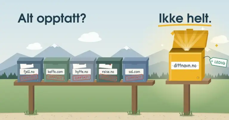 Illustrasjon av et postkassestativ ved en grusvei der fem postkasser merket med domenenavn har stempelet «OPPTATT», mens en ny, gul postkasse med navneskiltet «dittnavn.no» og lappen «LEDIG» står åpen og lyser, under teksten «Alt opptatt? Ikke helt.»