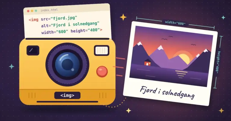 Illustrasjon av et gult direktefotokamera merket  som får inn et kodekort med  og skriver ut et polaroidbilde av en fjord i solnedgang med en rød hytte, merket width="600" og height="400" og med bildeteksten «Fjord i solnedgang».