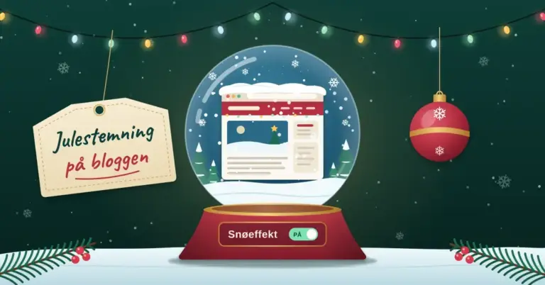 Illustrasjon av en snøkule der det laver ned snø over et nettleservindu med en julepyntet blogg, plassert på en rød sokkel med en påslått «Snøeffekt»-bryter, omgitt av lysslynger, en julekule og en gavelapp med teksten «Julestemning på bloggen».