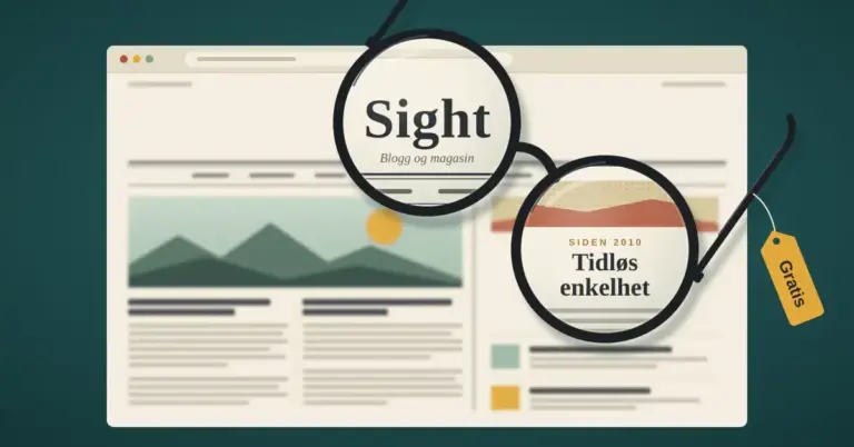 Illustrasjon av et par lesebriller som ligger på en uskarp, avisinspirert bloggside, der brilleglassene forstørrer avishodet «Sight – Blogg og magasin» og overskriften «Tidløs enkelhet» skarpt, mens en gul prislapp merket «Gratis» henger fra brillestangen.