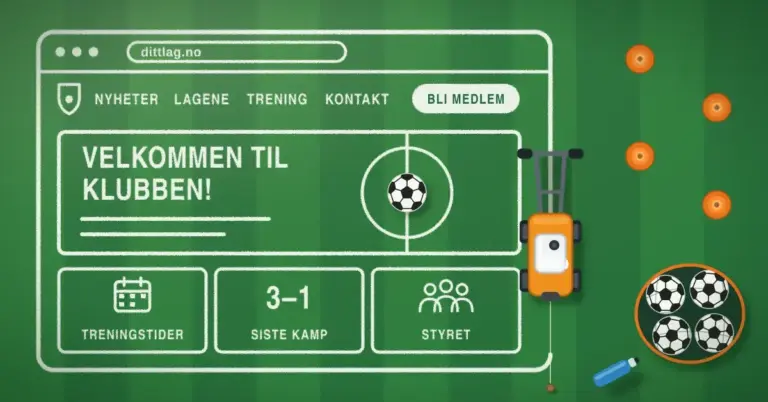 Illustrasjon sett ovenfra av en fotballbane der en oransje linjemerkingsmaskin legger siste hånd på en klubbnettside malt med hvite linjer i gresset, med menyen «Nyheter, Lagene, Trening, Kontakt», knappen «Bli medlem», overskriften «Velkommen til klubben!» og kortene «Treningstider», «Siste kamp 3–1» og «Styret», omgitt av treningskjegler, en ballsekk og en drikkeflaske.