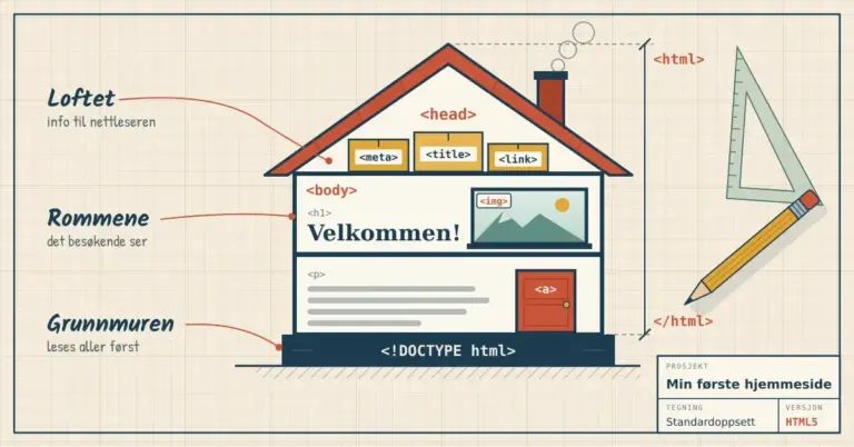 Illustrasjon av et hus tegnet som en arkitekttegning, der grunnmuren er , loftet under taket er  med esker merket ,  og , rommene er  med en «Velkommen!»-overskrift, et -vindu og en -dør, mens en mållinje viser at  omslutter hele huset.